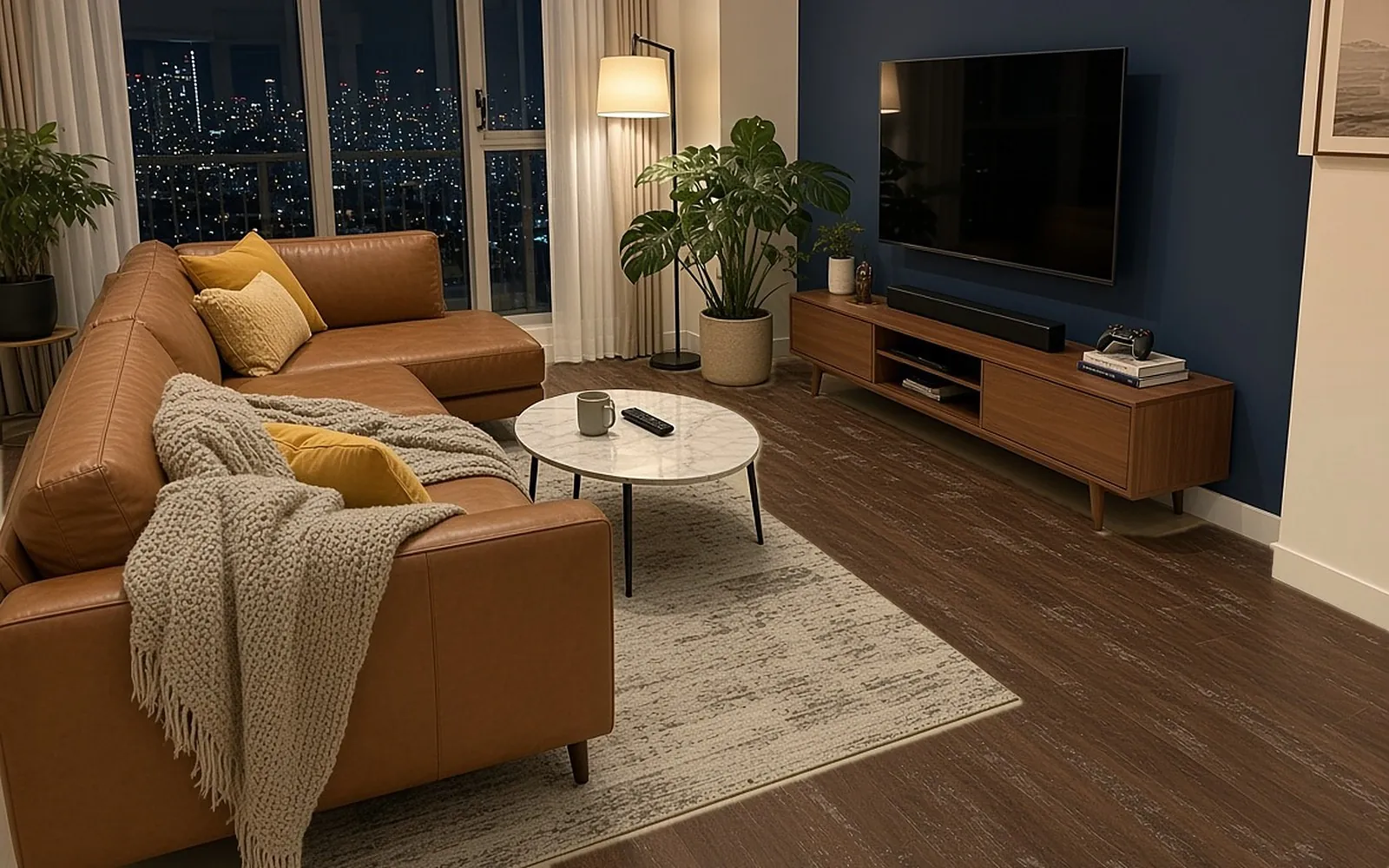 Condo living room before, old scuffed espresso laminate