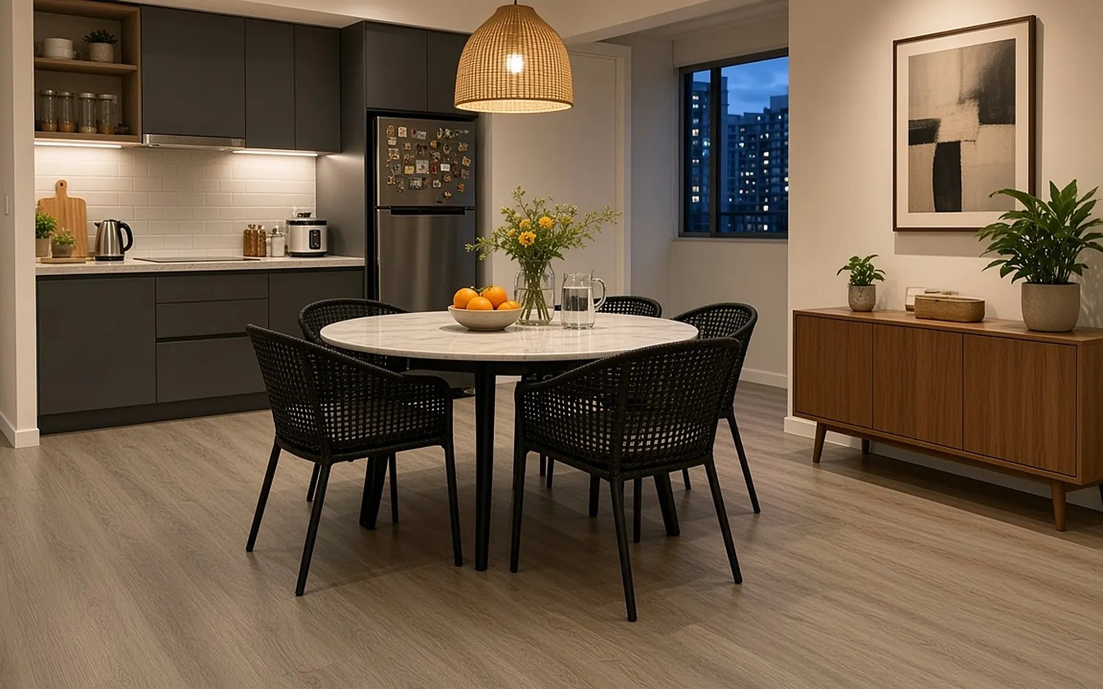 Condo dining and kitchen after, Natural Beige SPC flooring