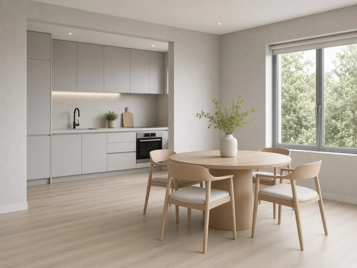Dining area and open kitchen with light oak SPC vinyl flooring