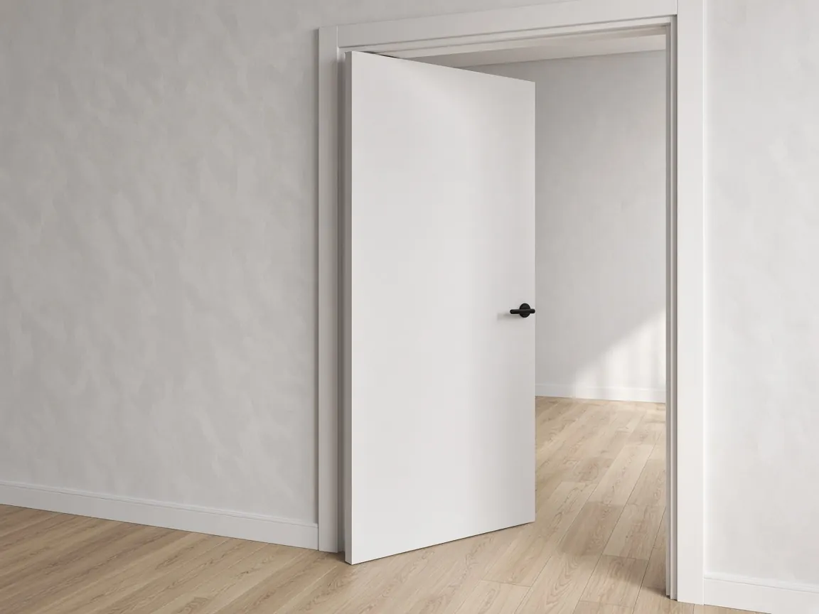 White door frame and slim skirting with light oak flooring running through the doorway