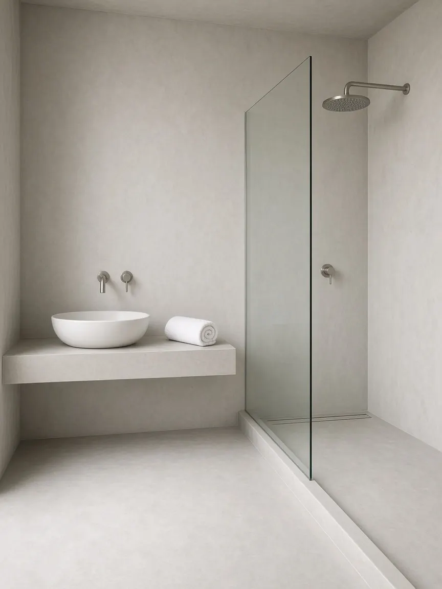 Seamless pale grey microcement bathroom with matching floor and walls and a rain shower