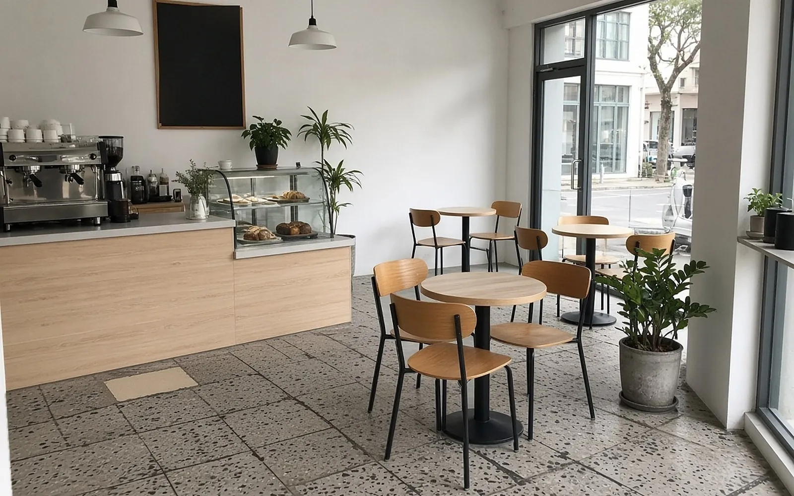Cafe floor before: worn speckled grey floor tiles