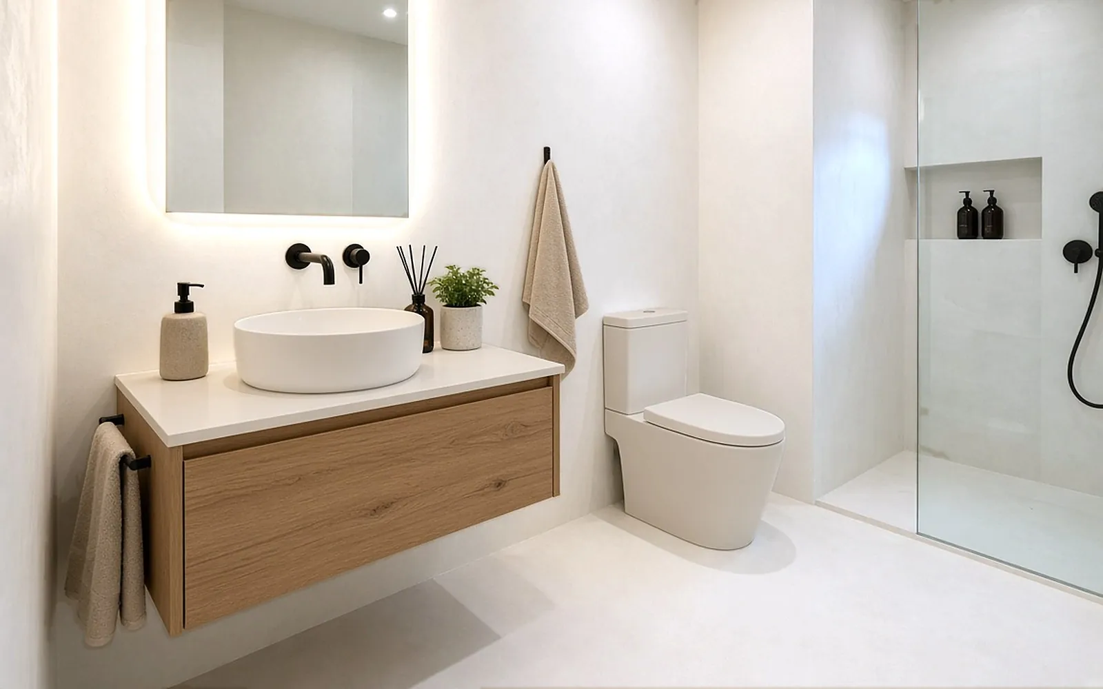 Condo bathroom after: seamless White microcement