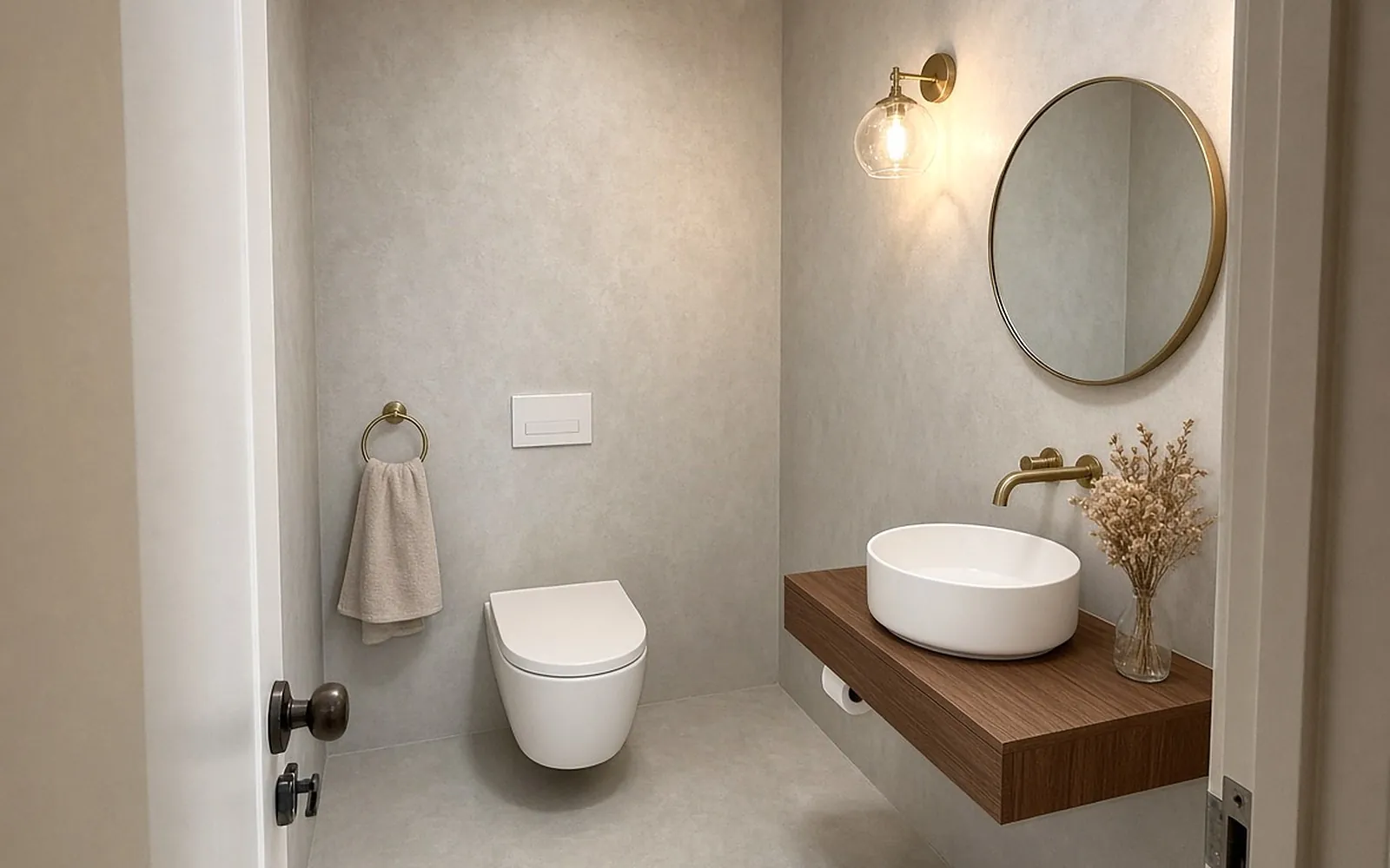 Condo powder room after: seamless Greige microcement