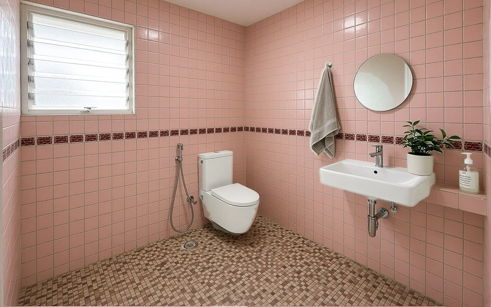 HDB common toilet before: dated pink tiles with a maroon border and mosaic floor