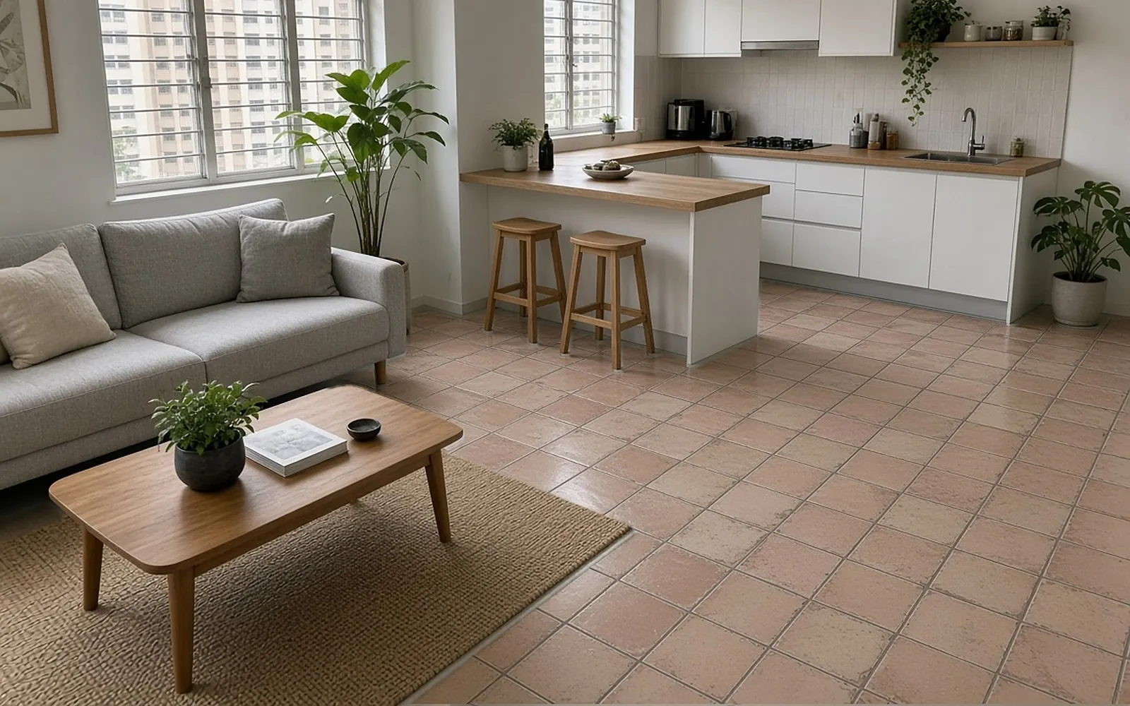 HDB open kitchen and living before: dated terracotta floor tiles
