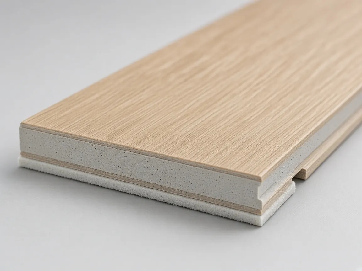 Close-up of an SPC plank edge showing the rigid core and attached underlay